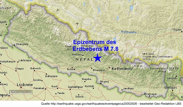 Karte mit der topografische Lage des Epizentrums