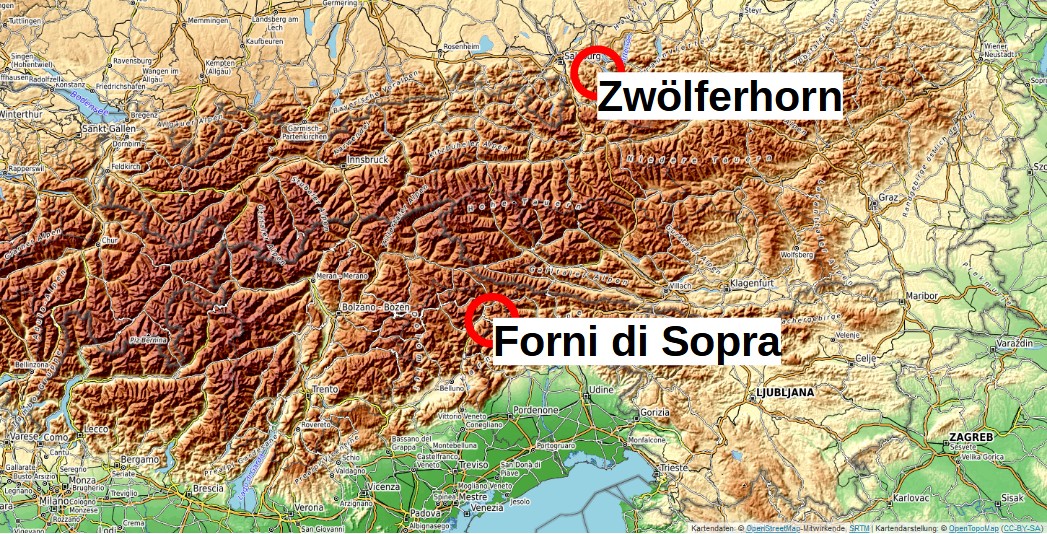 Kartenausschnitt aus OpenTopoMap: zentrale und östliche Alpen, Zwölferhorn und Forni di Sopra markiert