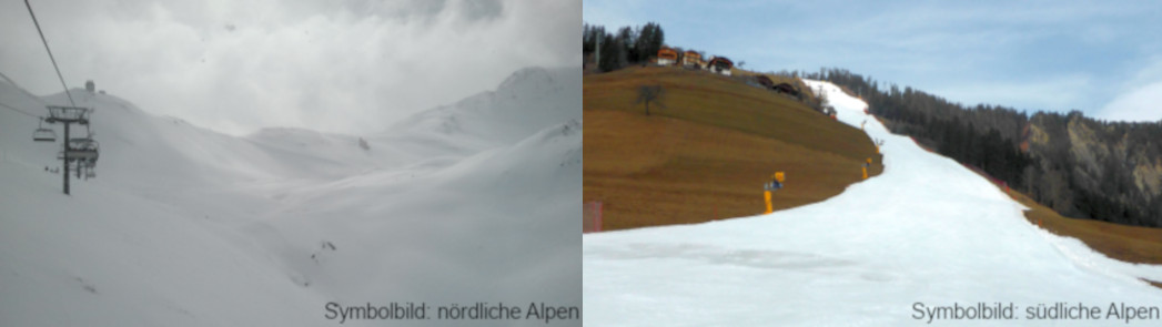 linke Seite: Skigebiet mit viel Schnee und schlechtem Wetter; rechte Seite: Skipiste, daneben Wiese