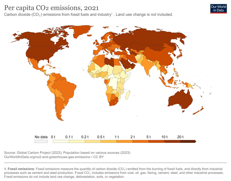 Karte des CO2-Ausstoß pro Person nach Land (2021)