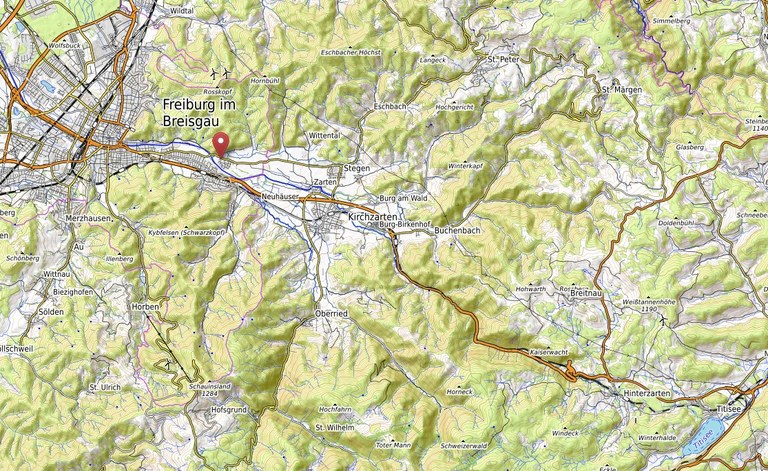 Ausschnitt aus der topographischen Karte im Bereich Freiburg bis Titisee