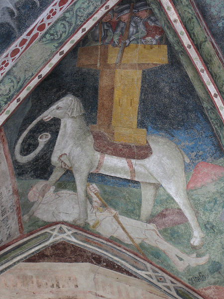 Kriegselefant im Kreuzgang des Brixner Doms, Fresko Detail, 3. Arkade (14. Jh.)