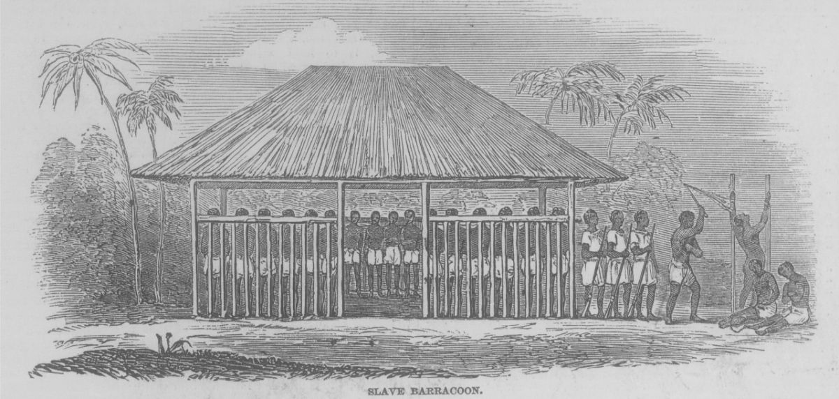Eine Sklavenbaracke (slave barracoon) in Sierra Leone 1840