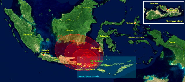 Ascheniederschläge in der Umgebung des Tambora