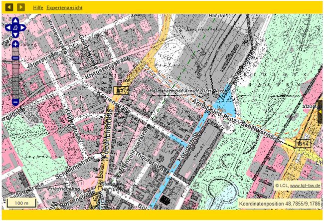 Bsp.: Stuttgart Hauptbahnhof: Flurkarten von 1818/1840 überlappend mit heutiger topographischer Karte