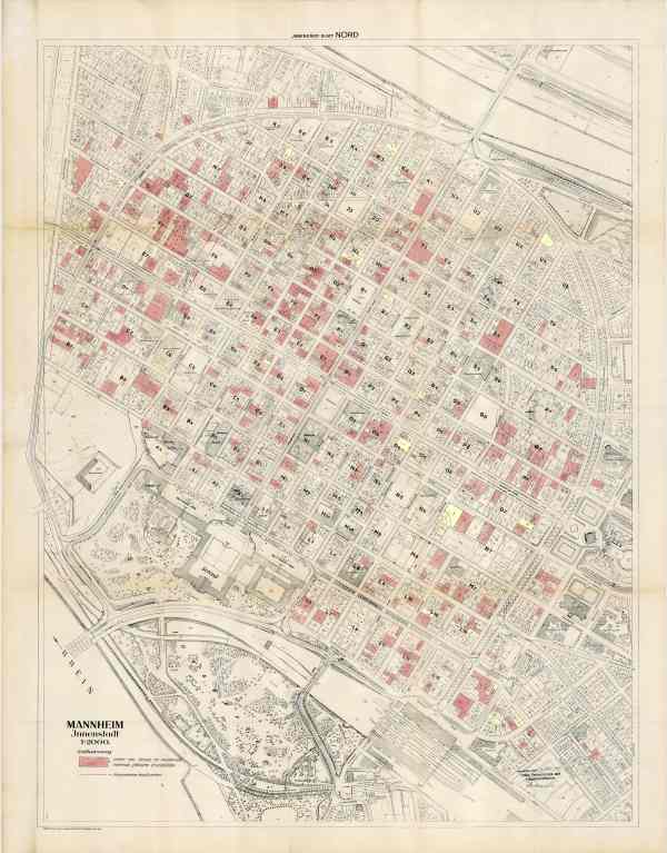 Stadtplan von 1949 mit arisierten Grundstücken der Stadt Mannheim