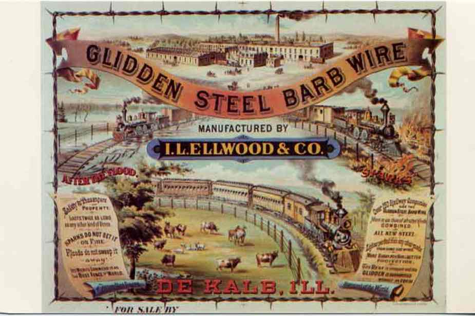 Glidden Barbed Wire manufactured by Isaac L. Ellwood in DeKalb, Ill. Presumed 1880s advertising poster.