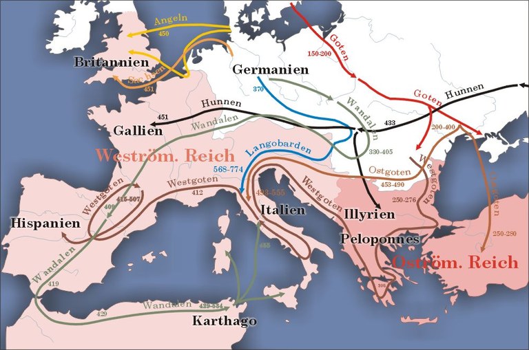 Urheber: Sansculotte via Wikimedia Commons (https://upload.wikimedia.org/wikipedia/commons/0/00/Karte_v%C3%B6lkerwanderung.jpg)