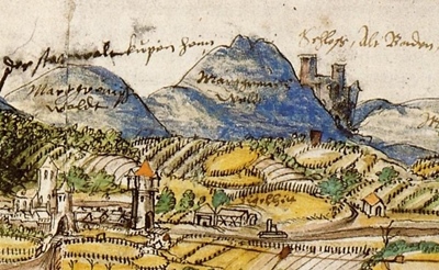 ie Burg Hohenbaden im Jahr 1559, im Vordergrund Kuppenheim. 