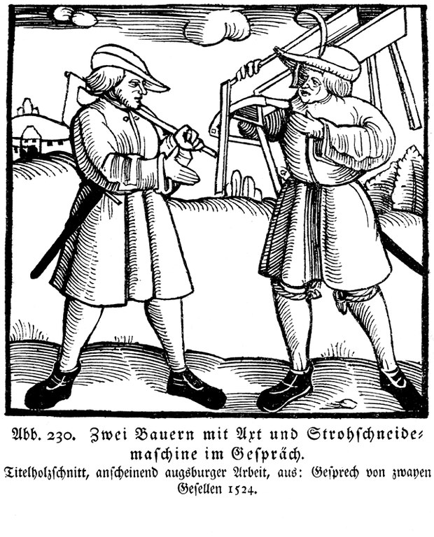 b24 Zwei Bauern mit Axt und Strohschneidemaschine im Gespraech LMZ045224.jpg