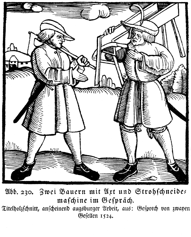 b24 Zwei Bauern mit Axt und Strohschneidemaschine im Gespraech LMZ045224.jpg