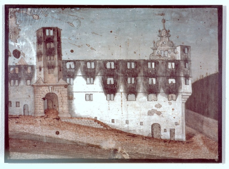 B 32 Kloster Hirsau_Ansicht des ausgebrannten herzoglichen Schlosses 1692 (LMZ).jpg