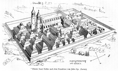 Rekonstruktionszeichnung nach dem Sankt Galler Klosterplan von Johann Rudolf Rahn