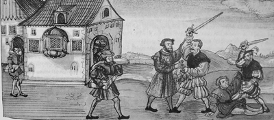 Darstellung eines Überfalls auf Juden im Jahr 1336