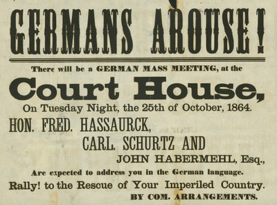Ankündigung einer Veranstaltung für Deutschamerikaner in St. Louis, am 25. Oktober 1864, auf der auch Carl Schurz in deutscher Sprache spricht