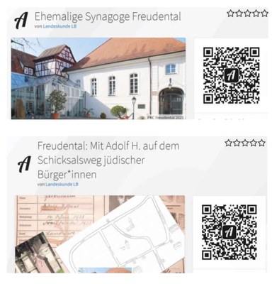 Actionbound-Screenshots mit QR-Codes, Collage aus B1, B8, B9, B13 © H.-J. Gerste, Bilder PKC Freudental