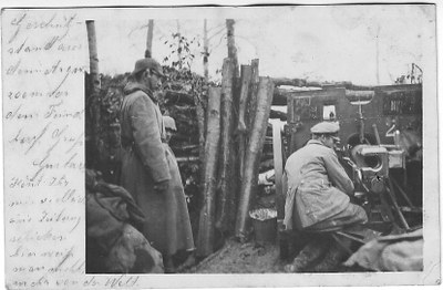 Postkarte „Geschützstand 200m vor dem Feind“ des Schwieberdinger Artilleristen Gustav Rothacker