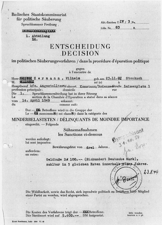 Entscheidung der Spruchkammer Freiburg zum Fall Willi Hermann von 1949.