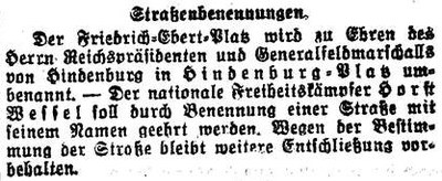 B3: Die Freiburger Zeitung berichtet am 28. März 1933 in ihrem Zweiten Abendblatt in einer kleinen Notiz von der Umbenennung des Friedrich-Ebert-Platzes und erwähnt ferner die Absicht, eine noch nicht bestimmte Straße nach Horst Wessel zu benennen.