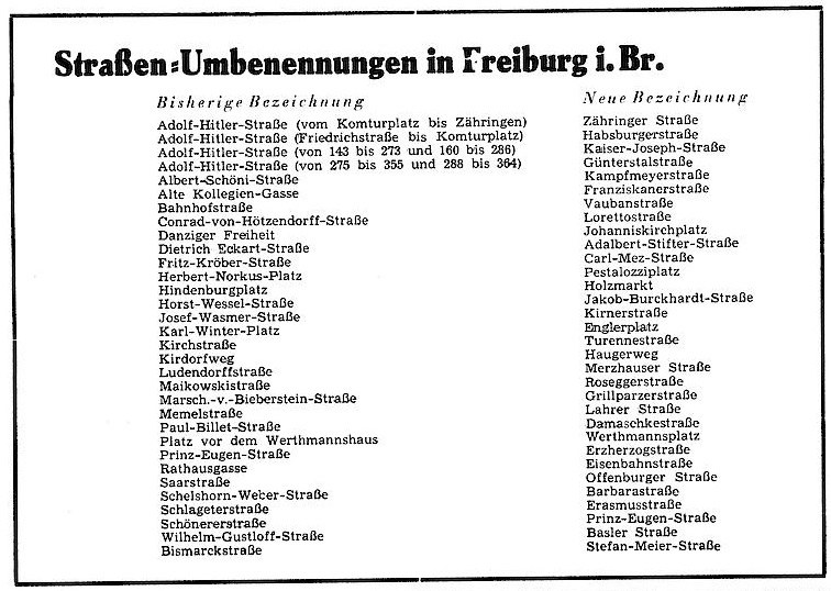 Auflistung der unmittelbar nach dem Zweiten Weltkrieg umbenannten Freiburger Straßen