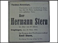 odesanzeige für Hermann Stern, erstes Mordopfer der SA im März 1933  