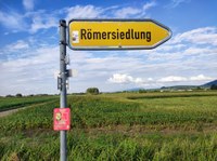Gelbes Straßenschild der Römersiedlung Friesenheim mit der Aufschrift Römersiedlung.