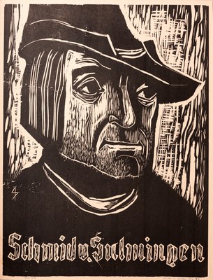 Ulrich Schmid (Holzschnittporträt des Künstlers Ivo Schaible) Porträt, gefertigt als Holzschnitt, eines Mannes mit Hut in Frontalansicht und darunterliegender Beschriftung: Schmid von Sulmingen