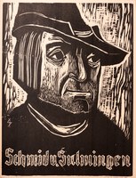 Ulrich Schmid (Holzschnittporträt des Künstlers Ivo Schaible) Porträt, gefertigt als Holzschnitt, eines Mannes mit Hut in Frontalansicht und darunterliegender Beschriftung: Schmid von Sulmingen