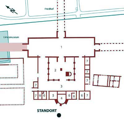 Grundrisszeichnung des Stabsgebäudes (Erklärung siehe Text).