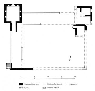 Villa rustica Karlsruhe-Durlach. Rekonstruktion der Ostwand im Kellerraum des Westrisaliten nach den erhaltenen Farbresten