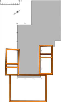 Zweiter Bauzustand: Holzbau mit Steinsockeln (Museumsbau in grau) 