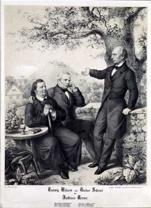 Justinus Kerner mit G. Schwab u. L. Uhland im Garten des Weinsberger Kernerhauses (Lithographie um 1850)