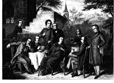 Im Garten bei Justinus Kerner. Stahlstich nach einem Ölbild für die Gartenlaube von H. Rustige. Von links nach rechts: Theobald Kerner, Nikolaus Lenau, Gustav Schwab, Alexander von Württemberg, Carl Mayer, Justinus Kerner, Friederike Kerner, Ludwig Uhland, Varnhagen von Ense