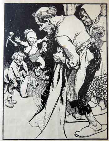Märchenwelt der Brüder Grimm - ländlich. Die Wichtelmänner, Zeichnung von G. Olms um 1900 