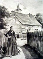  Hans Georg Müller-Hanssen, Frau in Tracht mit Gebetbuch, im Hintergrund Vogtshaus und Stadtkirche Schwenningen