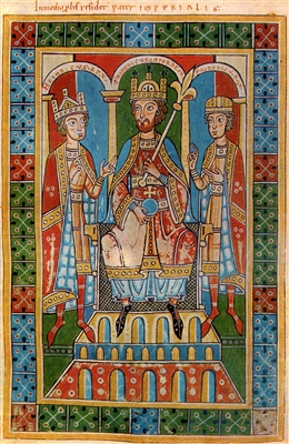 Kaiser Friedrich Barbarossa mit Bügelkrone, Reichsapfel und Zepter 