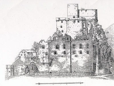 Hohenbaden. Aufriss der südsüdwestlichen Hauptfront, im Vordergrund rechts der Bernhardsbau