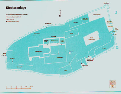 Grundriss der Klosteranlage mit den heute noch vorhandenen historischen Gebäuden