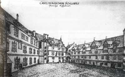 Schlosshof der 1689 zerstörten Karlsburg von Norden, 1652. Zeichnung von Johann Jakob Arhardt.