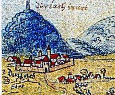 Älteste bildliche Darstellung Durlachs; im Hintergrund der Turmberg (um 1560)