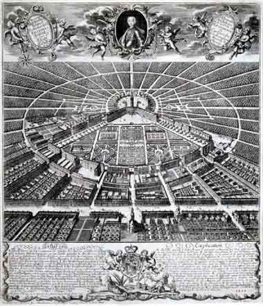 Karlsruhe: Schloss und Stadt-Fächer von Süden. Kupferstich aus dem Jahr 1739 nach Christian Thran.