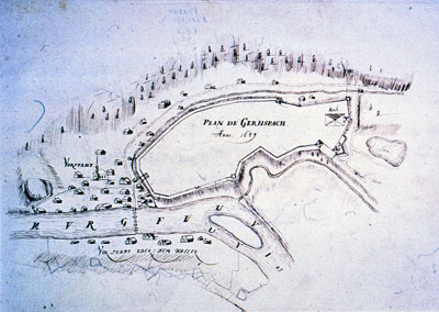 Nach Süden ausgerichteter Plan der Gernsbacher Befestigungsanlagen aus dem Jahr 1689 von Samson Schmalkalder. Links von der Stadt die Vorstadt Hof mit der Jakobskirche, deutlich erkennbar auch die Brücke über die Murg; GLA Hfk Bd. 19/54.