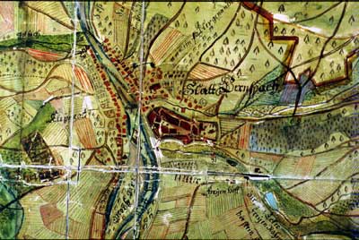 Die Stadt Gernsbach auf einer Karte aus der ersten Hälfte des 18. Jahrhunderts; GLA Gernsbach H/13.