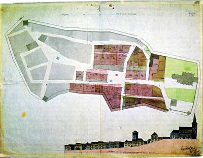 Von Friedrich Weinbrenner nach dem Stadtbrand von 1798 angefertigter Wiederaufbauplan für Gernsbach; GLA H Gernsbach/1