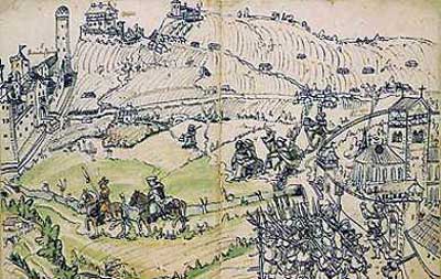 Älteste Darstellung der Veitsburg in der Weißenauer Bauernkriegschronik von Abt Jacob Murer