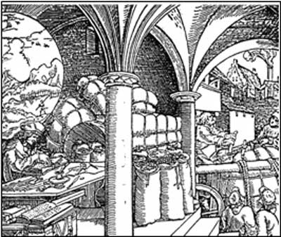 Großkaufmann im Kontor, Holzschnitt von H. Weiditz, ca. 1520