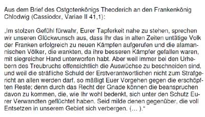Textauszug aus einem Brief Theoderichs an Chlodwig nach der Unterwerfung der Alamannen