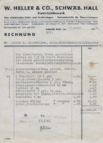 Rechnung in RM vom 17. Juni 1948, bezahlt in DM am 13. August 1948.
