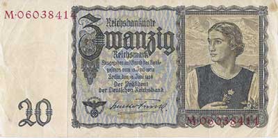 20 Reichsmark-Banknote. Sie verlor am 21. Juni 1948 ihre Funktion als gesetzliches Zahlungsmittel.