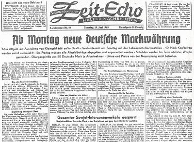 Ankündigung der Auszahlung der Kopfquote - Haller Tagblatt vom 19. Juni 1948.